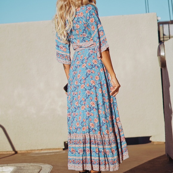 Bohemian Spell Style Blue Kimono Wrap Maxi Dress - Picture 3 of 8